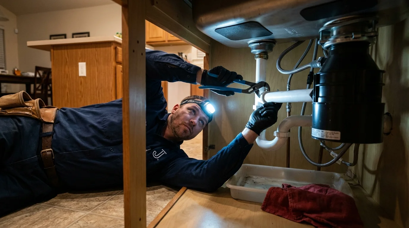 P-trap and supply line connections under a kitchen sink showing a common leak point in Appalachia, VA
